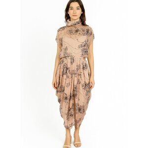 Traffic People Women's Size Medium Silk Dress Floral Bloom Chic High Neck